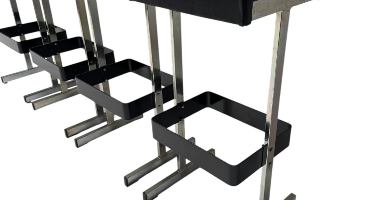 Four Mid-Century Modern Bar Stools with Black Leather Seats, 1970s